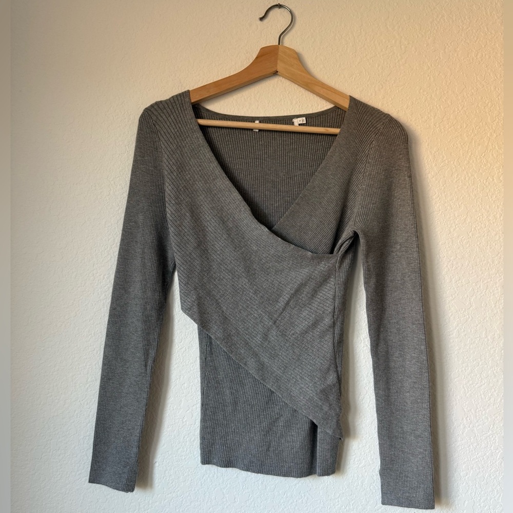 ASTR the Label Fitted Ribbed Faux Wrap Sweater